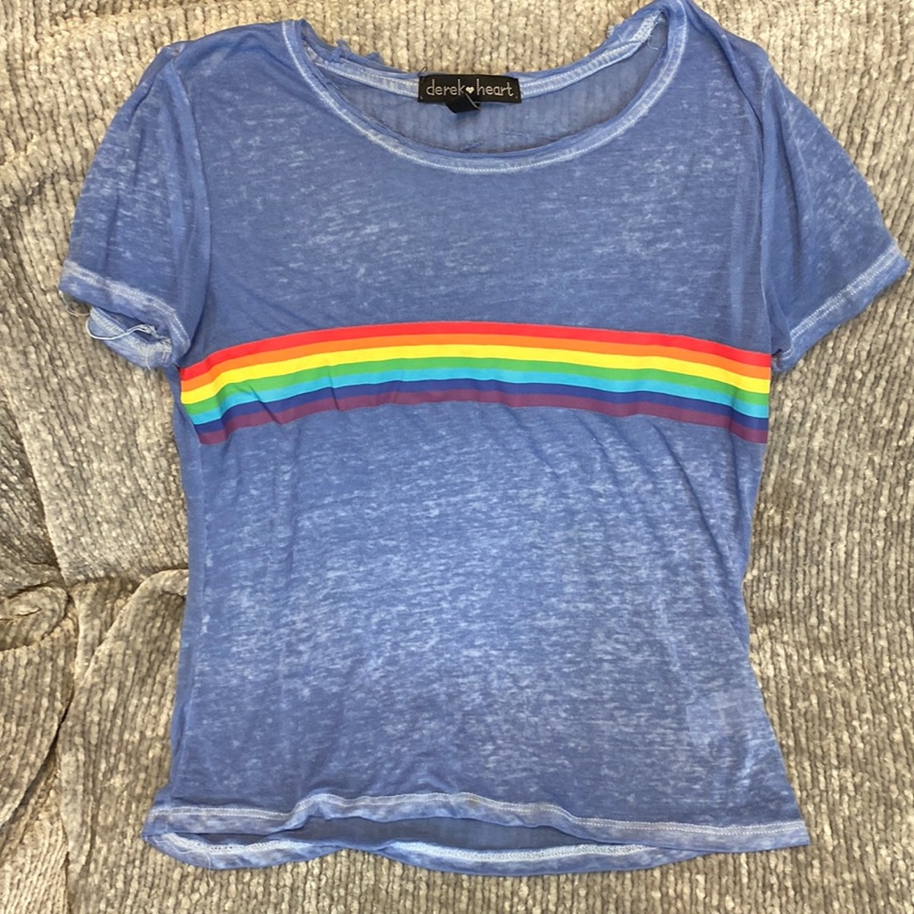 Women’s Derek Heart Tee size Small T-Shirt Blue Sheer rainbow